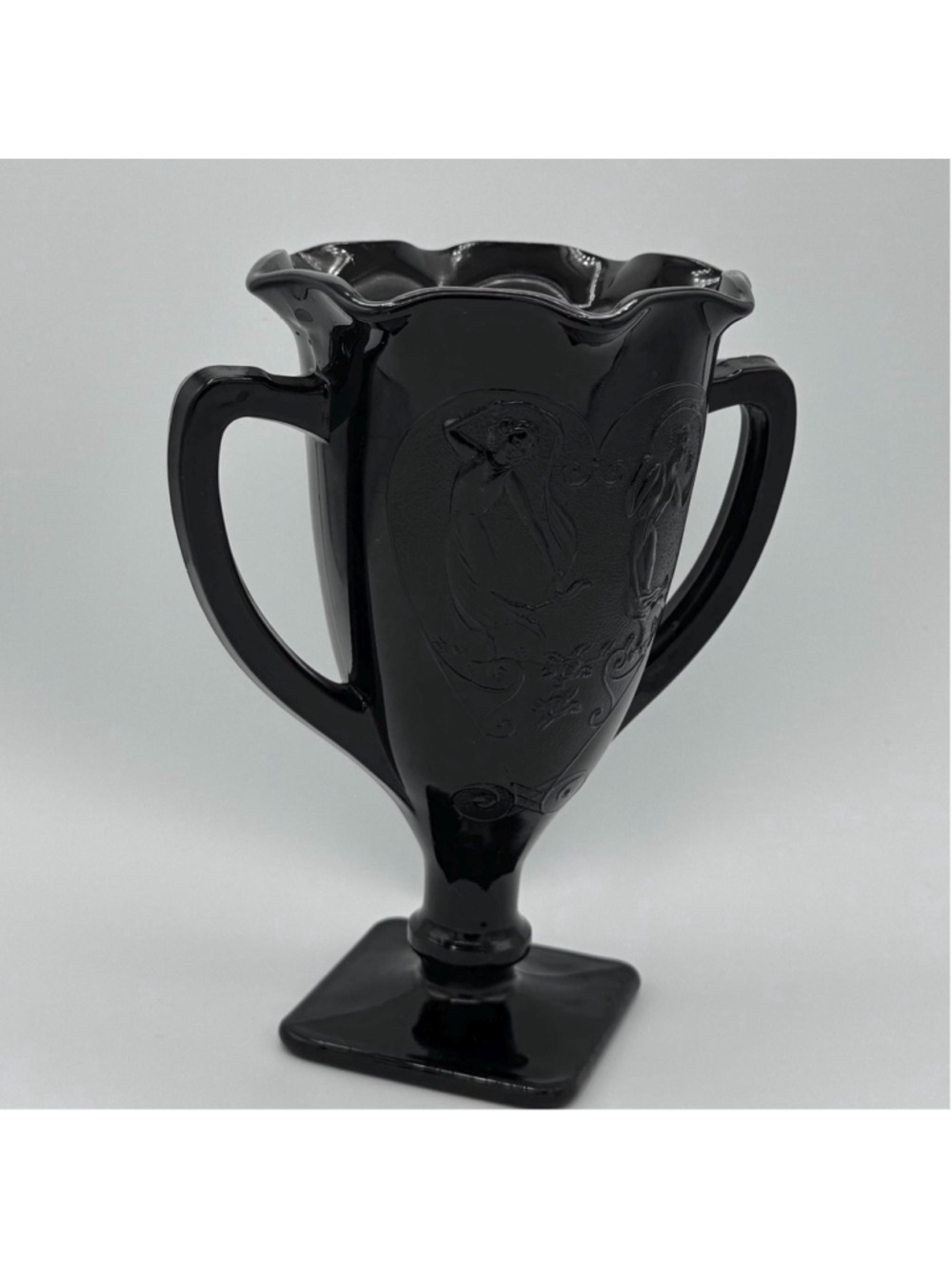 Vintage L.E. Smith Black Amethyst Glass Dancing Nymphs Trophy Vase | Art Deco